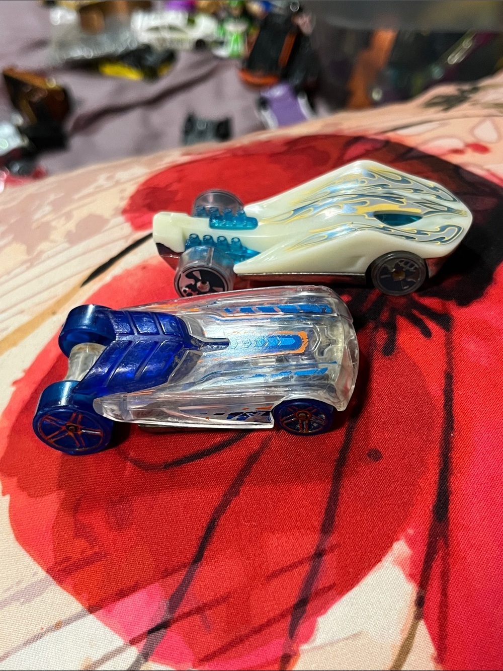 Mattel Clear Blue and White Twin Speedster Cars with Orange Accents